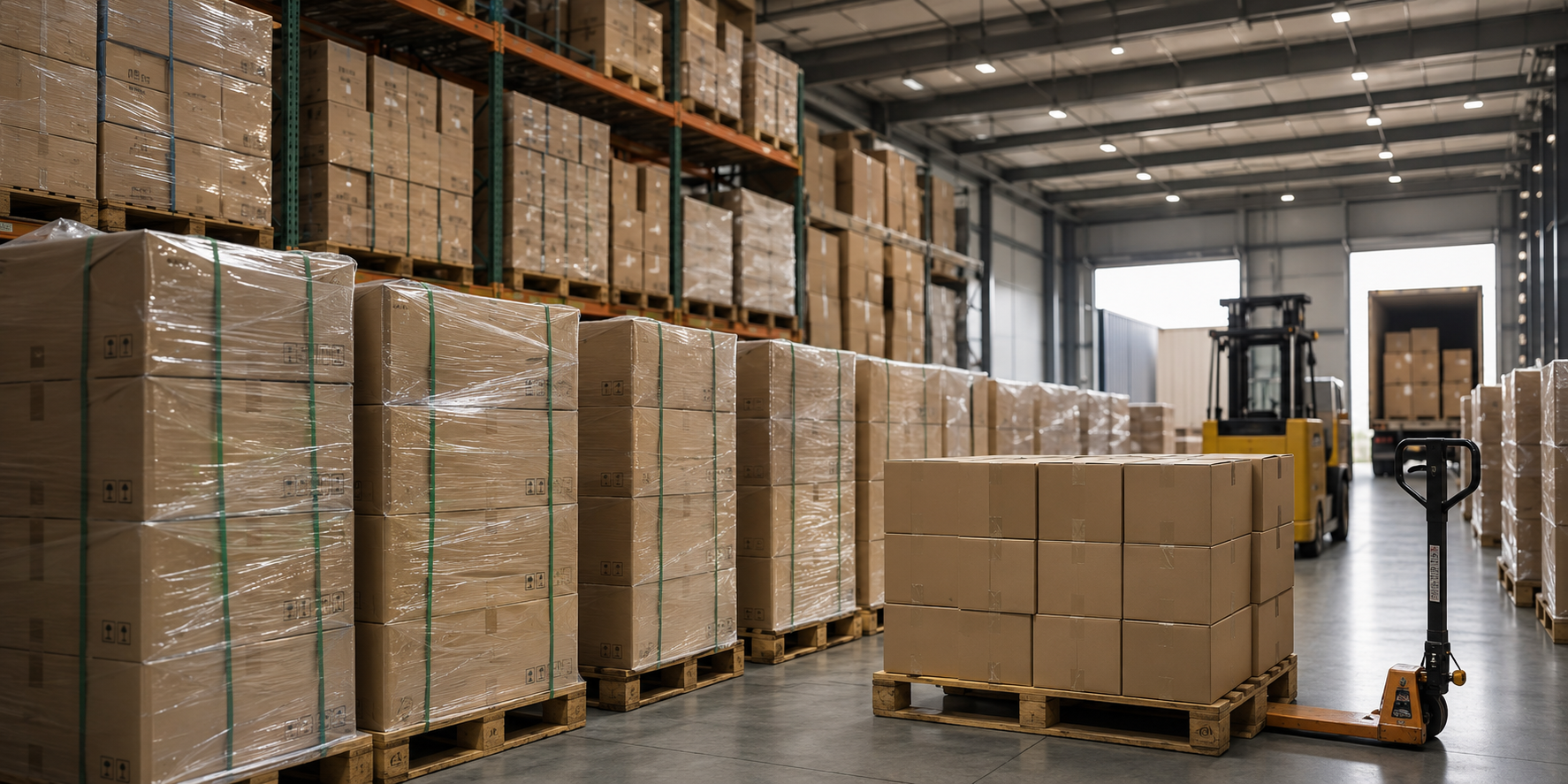 Export-ready warehouse with sealed cartons and pallets